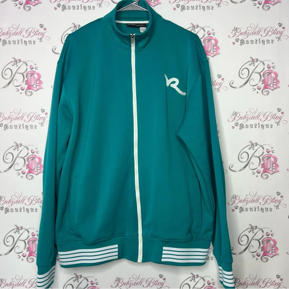 rocawear sweater zip up hoodie turquoise blue with white logo decals striped